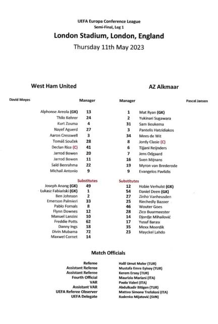 West Ham vs AZ Alkmaar: UEFA Europa Conference League Semi-finals. View all the latest squad list information and line-up news at UEFA.com.